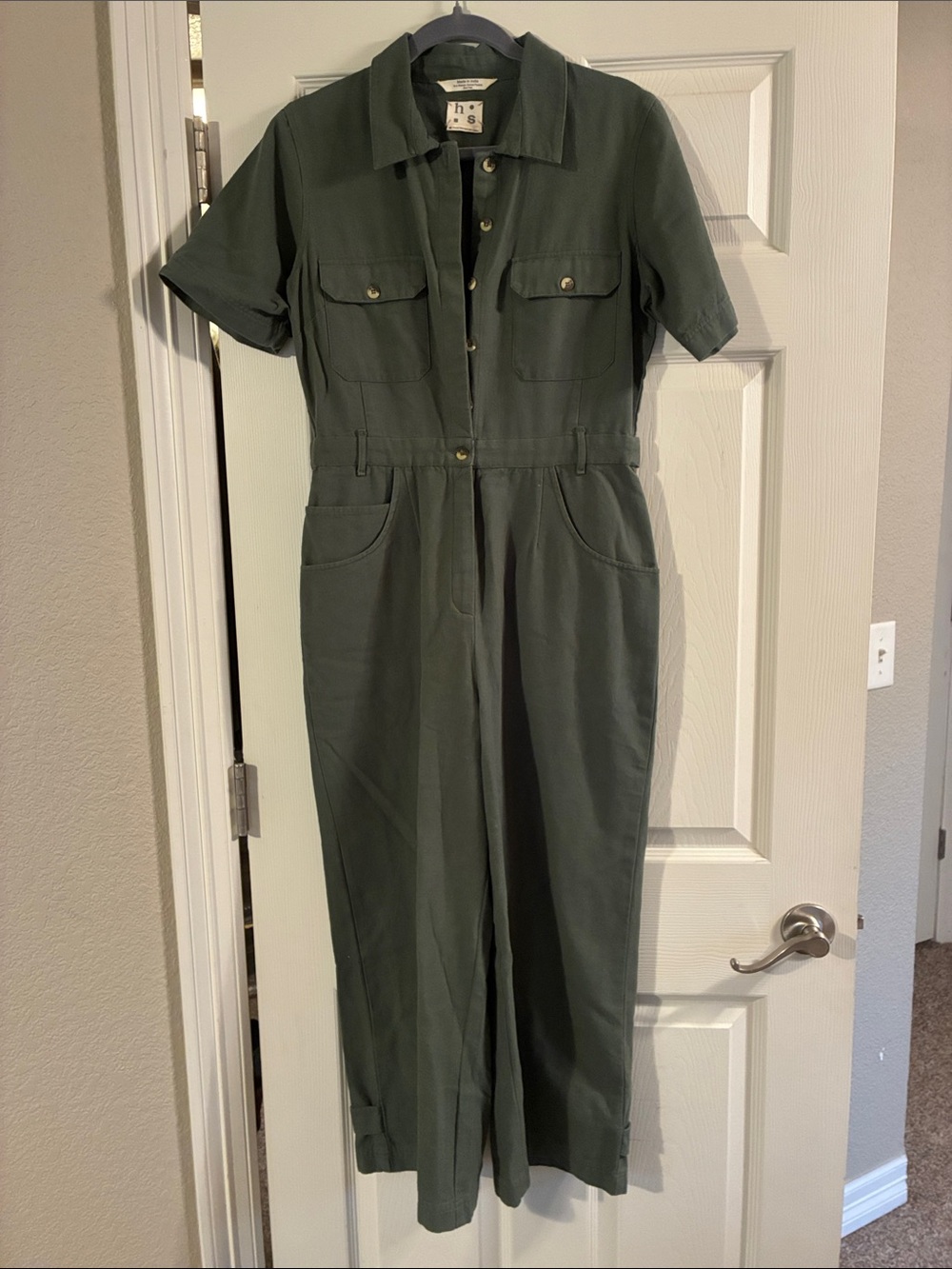 Harper & Sage Short-Sleeve Utility Jumpsuit in Olive Green
